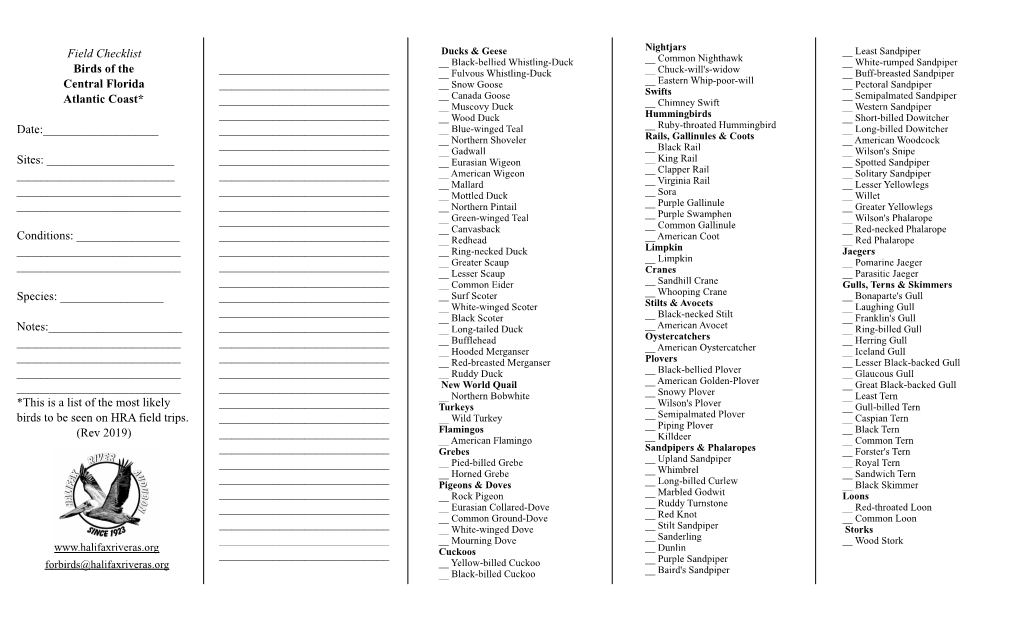 Field Checklist Birds of the Central Florida