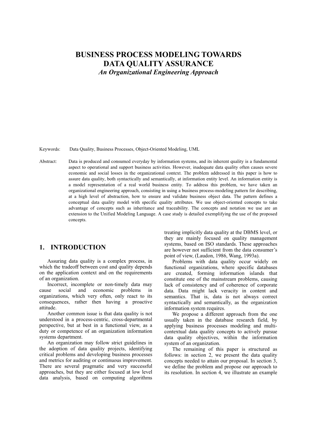 BUSINESS PROCESS MODELING TOWARDS DATA QUALITY ASSURANCE an Organizational Engineering Approach