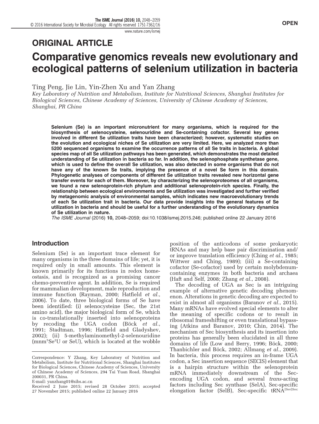 Comparative Genomics Reveals New Evolutionary and Ecological Patterns of Selenium Utilization in Bacteria