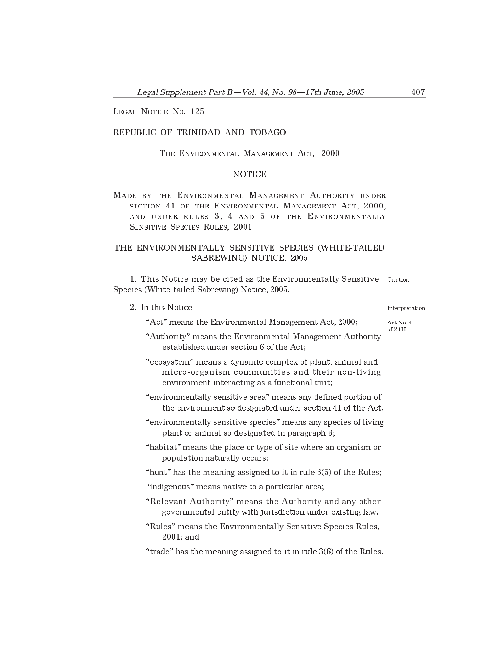 Environmentally Sensitive Species (White-Tailed Sabrewing) Notice, 2005