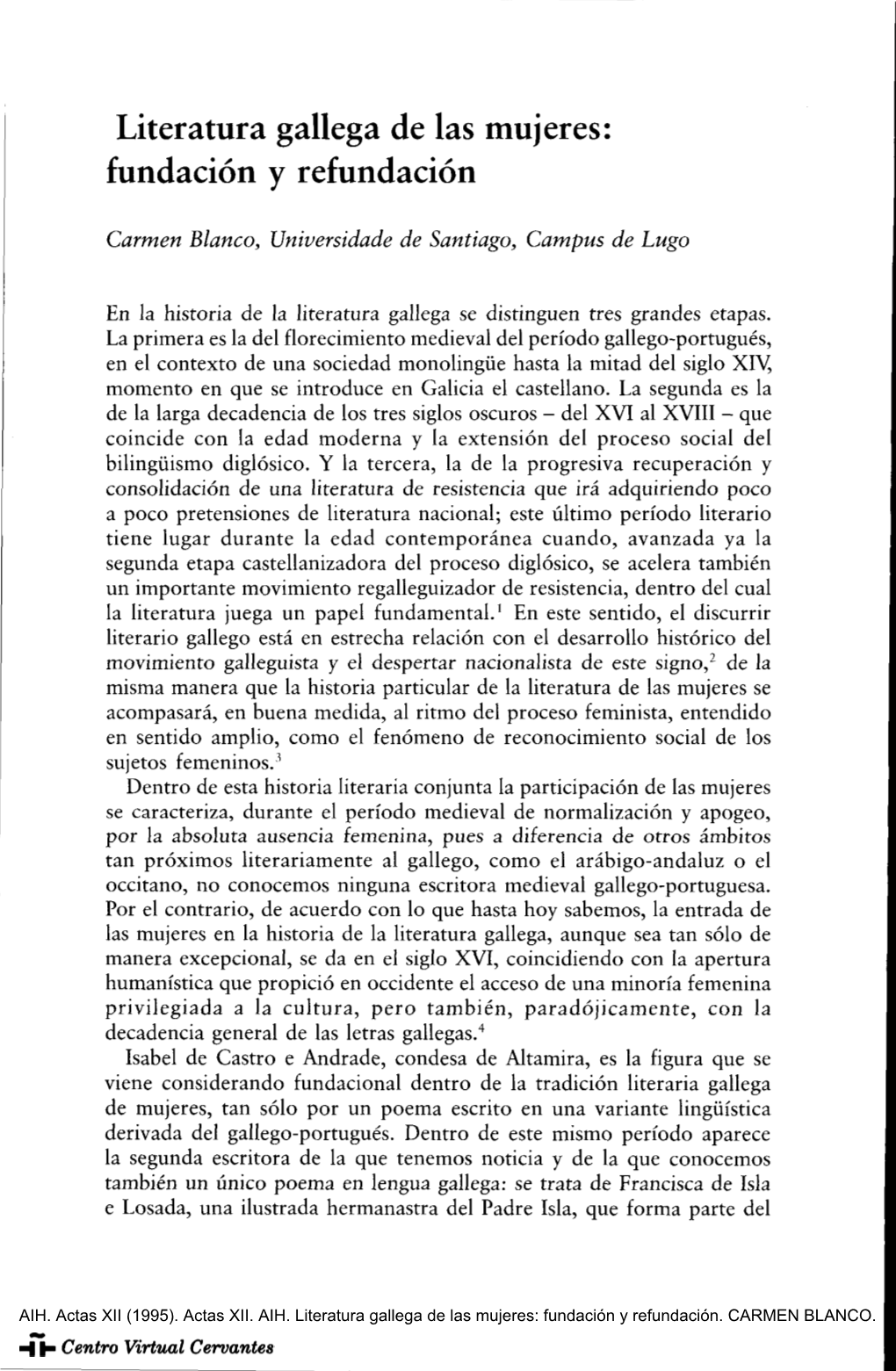 Actas XII. AIH. Literatura Gallega De Las Mujeres: Fundación Y Refundación. CARMEN BLANCO