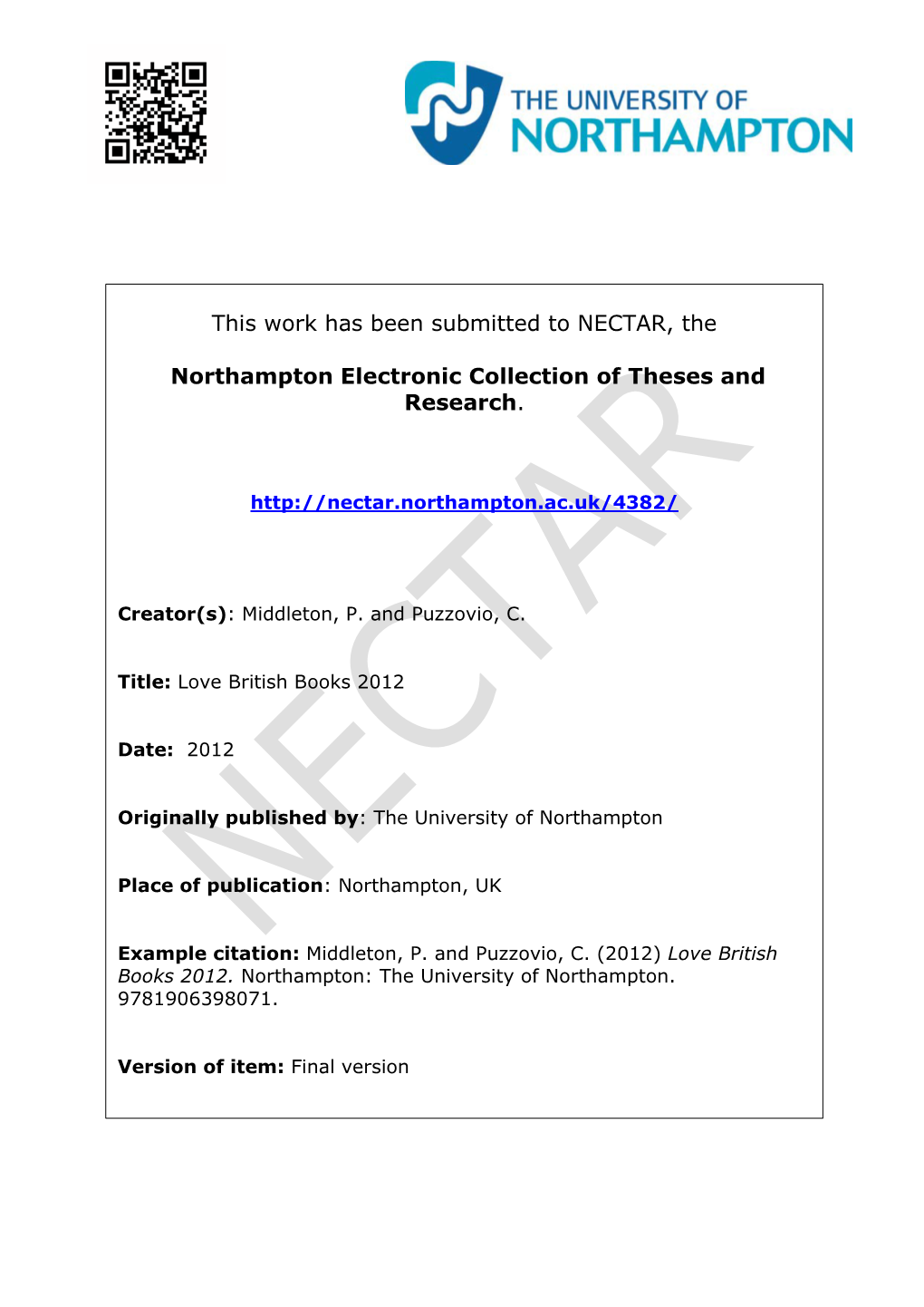 This Work Has Been Submitted to NECTAR, the Northampton