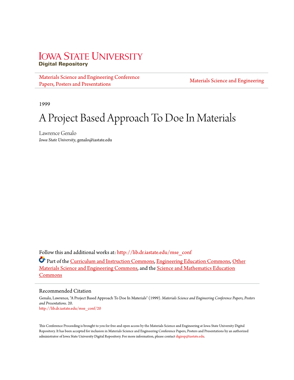 A Project Based Approach to Doe in Materials Lawrence Genalo Iowa State University, Genalo@Iastate.Edu