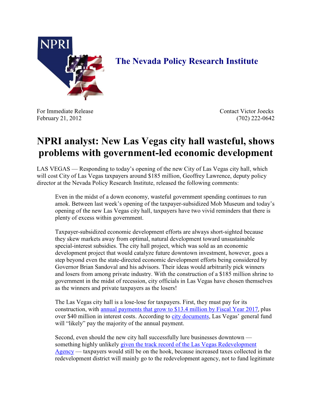 NPRI Analyst: New Las Vegas City Hall Wasteful, Shows Problems with Government-Led Economic Development