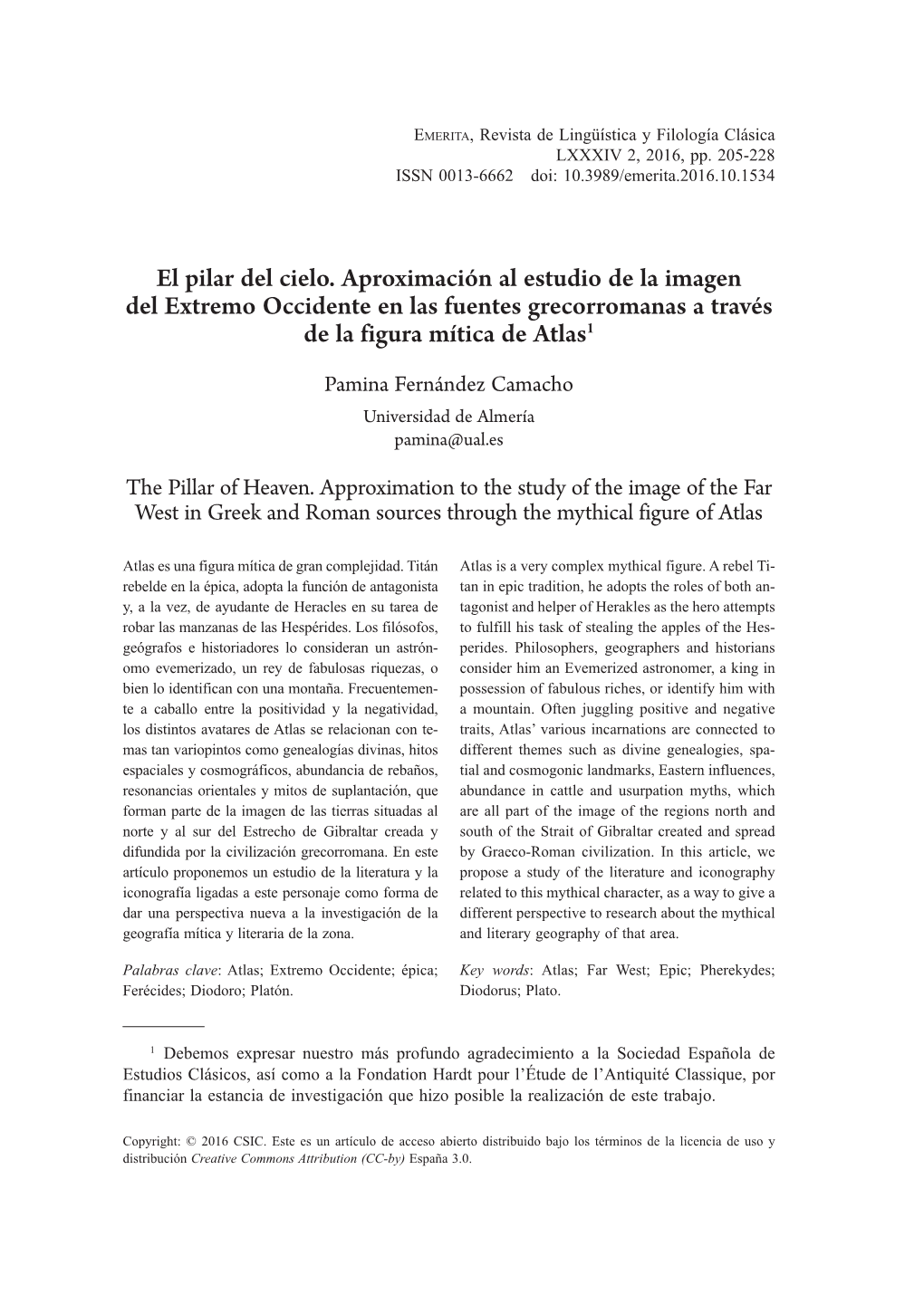 El Pilar Del Cielo. Aproximación Al Estudio De La Imagen Del Extremo Occidente En Las Fuentes Grecorromanas a Través De La Figura Mítica De Atlas1