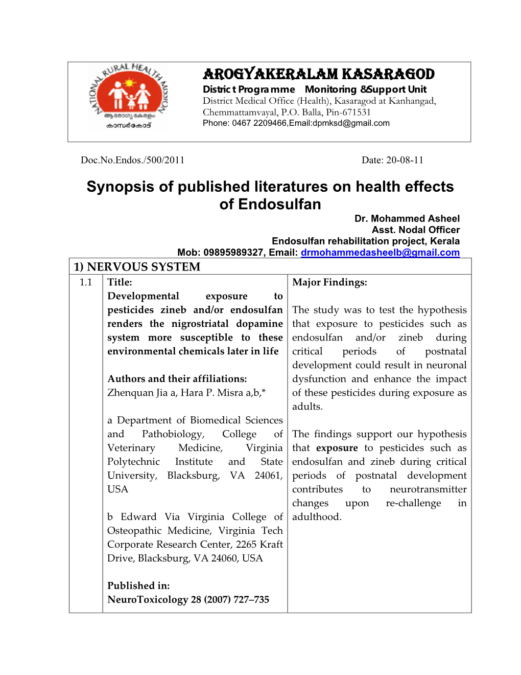 Synopsis of Published Literatures on Health Effects of Endosulfan Dr