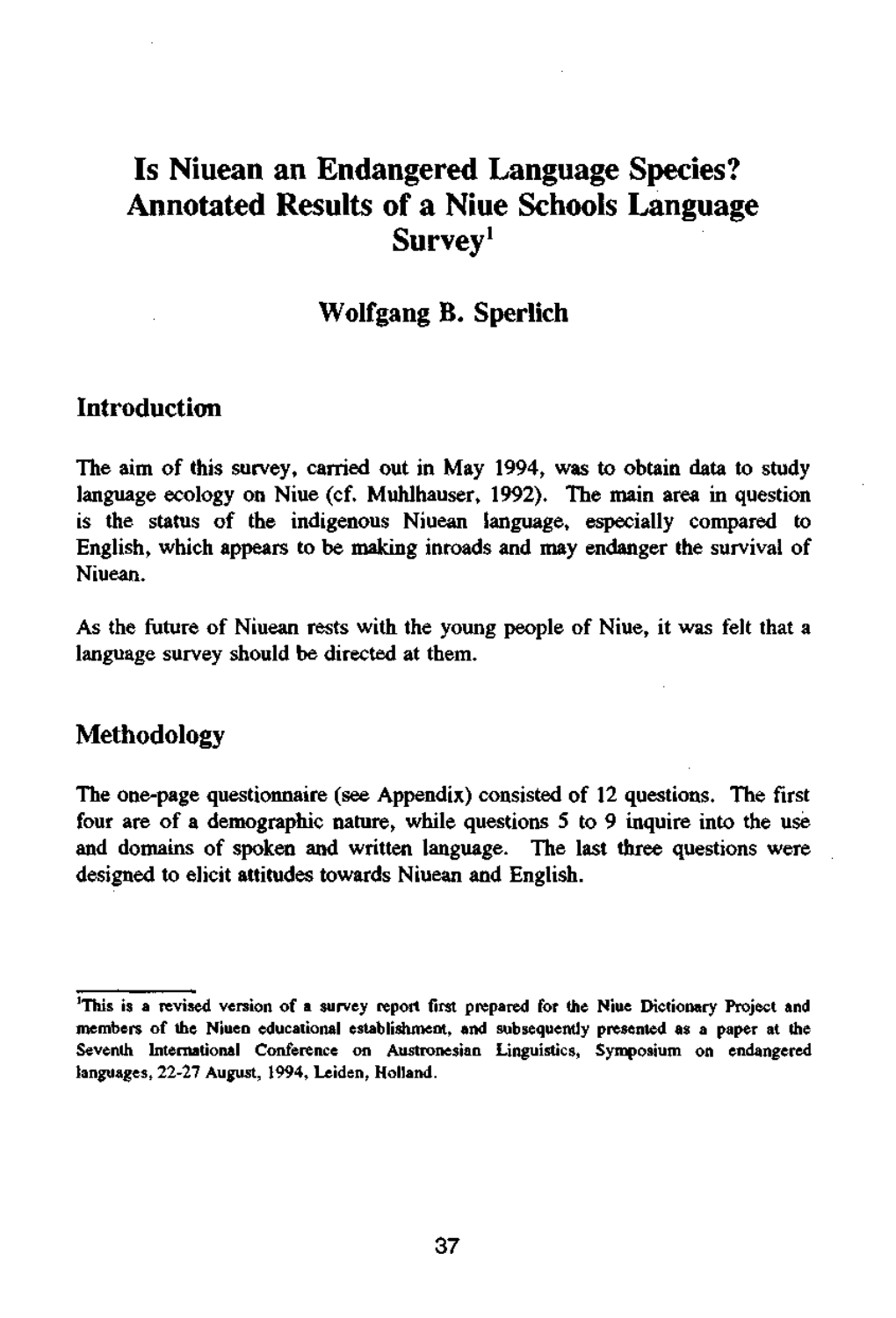 Is Niuean an Endangered Language Species? Annotated Results of a Niue Schools Language Survey1