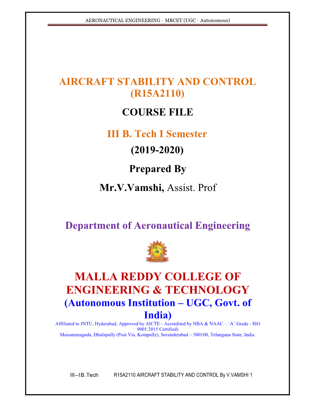 Aircraft Stability and Control (R15a2110) Course File