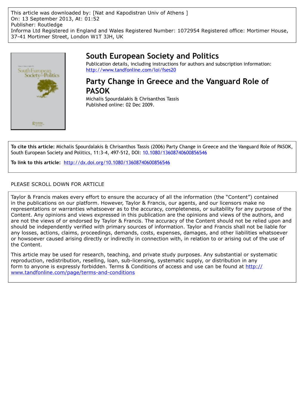 South European Society and Politics Party Change in Greece And