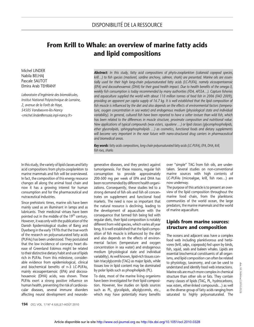 From Krill to Whale: an Overview of Marine Fatty Acids and Lipid Compositions