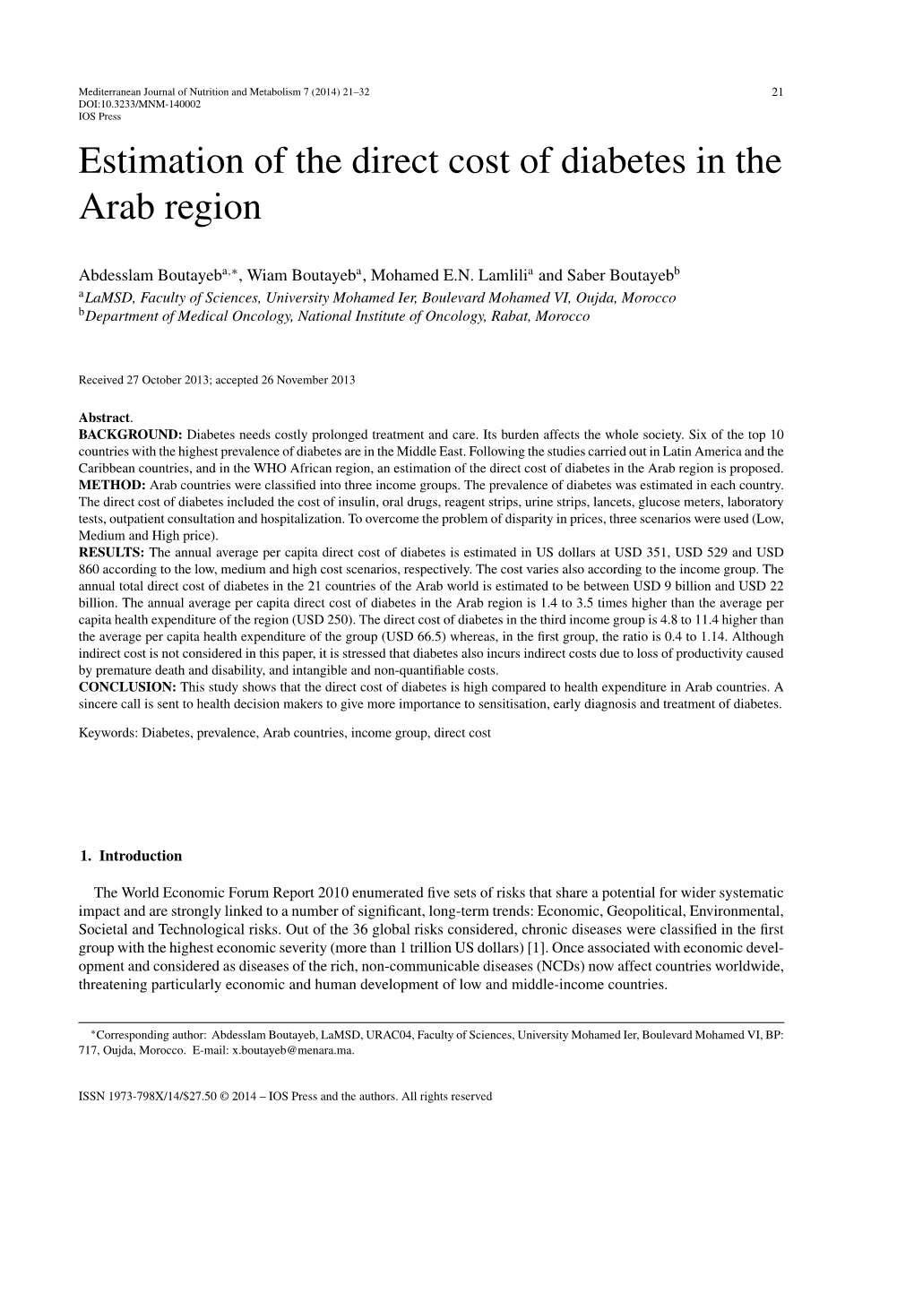 Estimation of the Direct Cost of Diabetes in the Arab Region