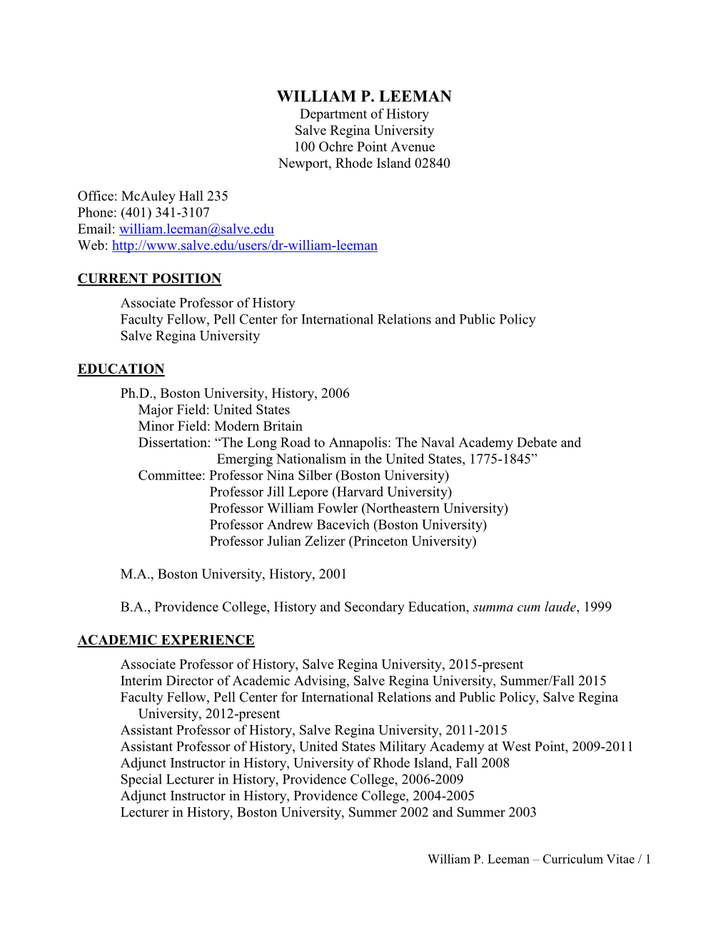 Curriculum Vitae / 1 Research Assistant for Professor Nina Silber, Boston University, 2001-2002