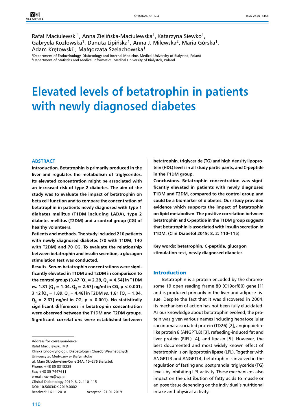 Elevated Levels of Betatrophin in Patients with Newly Diagnosed Diabetes