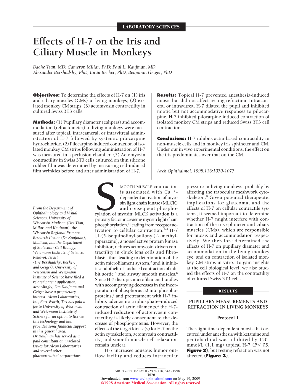 Effects of H-7 on the Iris and Ciliary Muscle in Monkeys