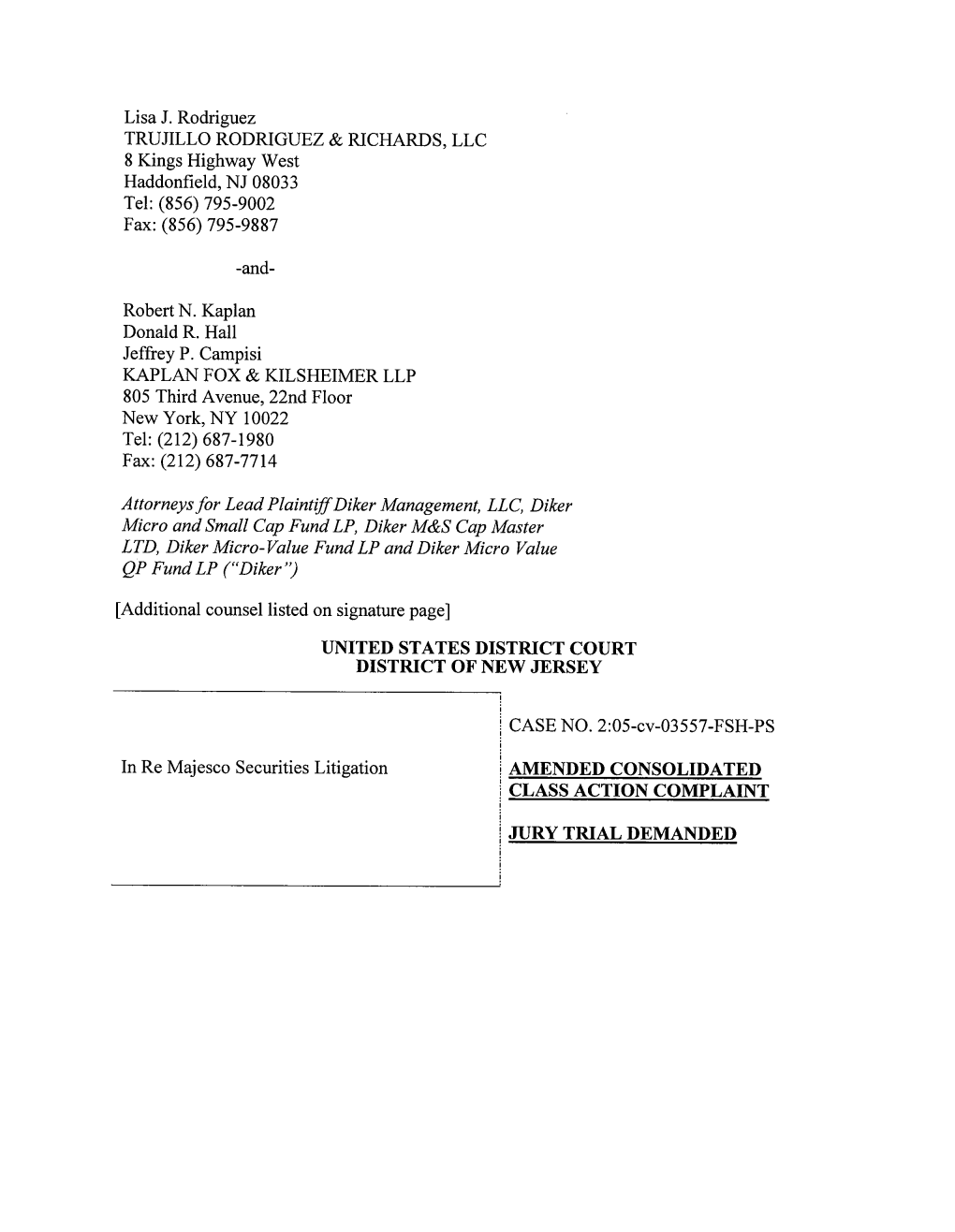 In Re: Majesco Securities Litigation 05-CV-3557-Amended Consolidated