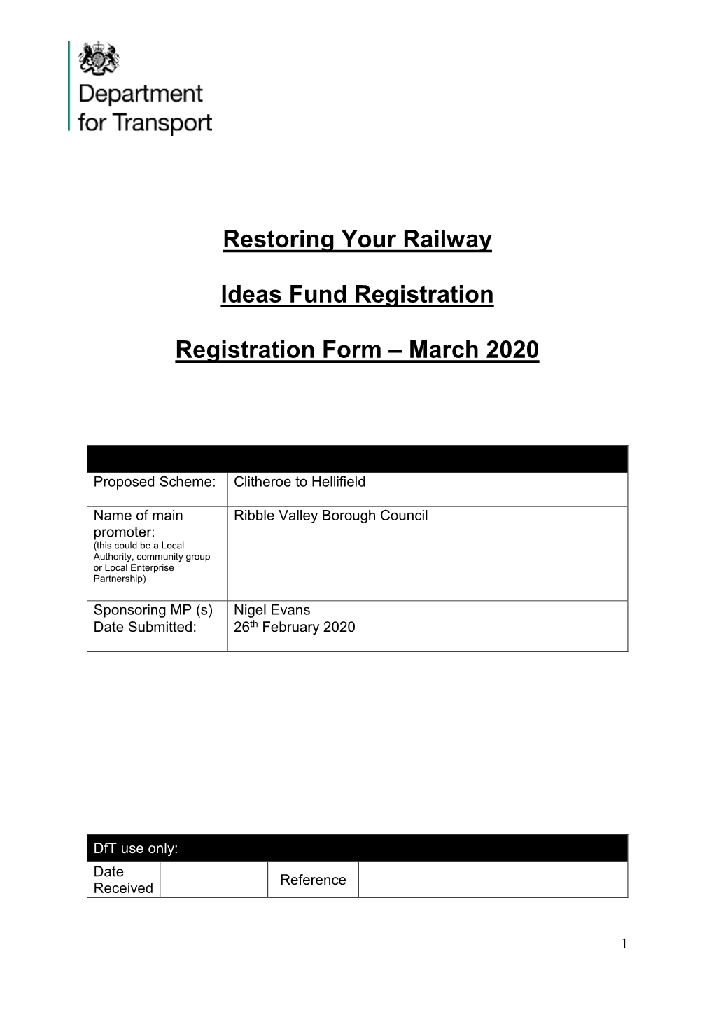 Restoring Your Railway Ideas Fund Registration Registration Form