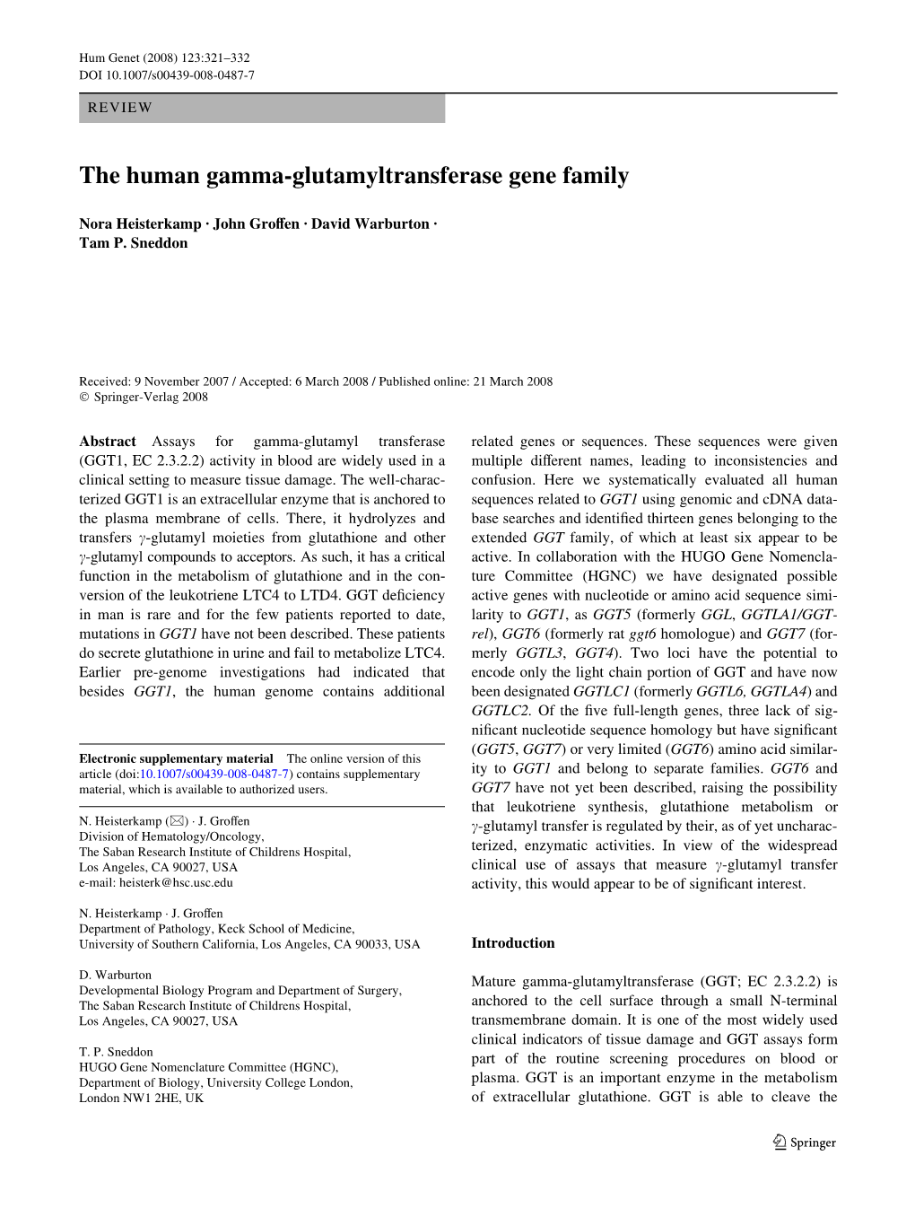 The Human Gamma-Glutamyltransferase Gene Family