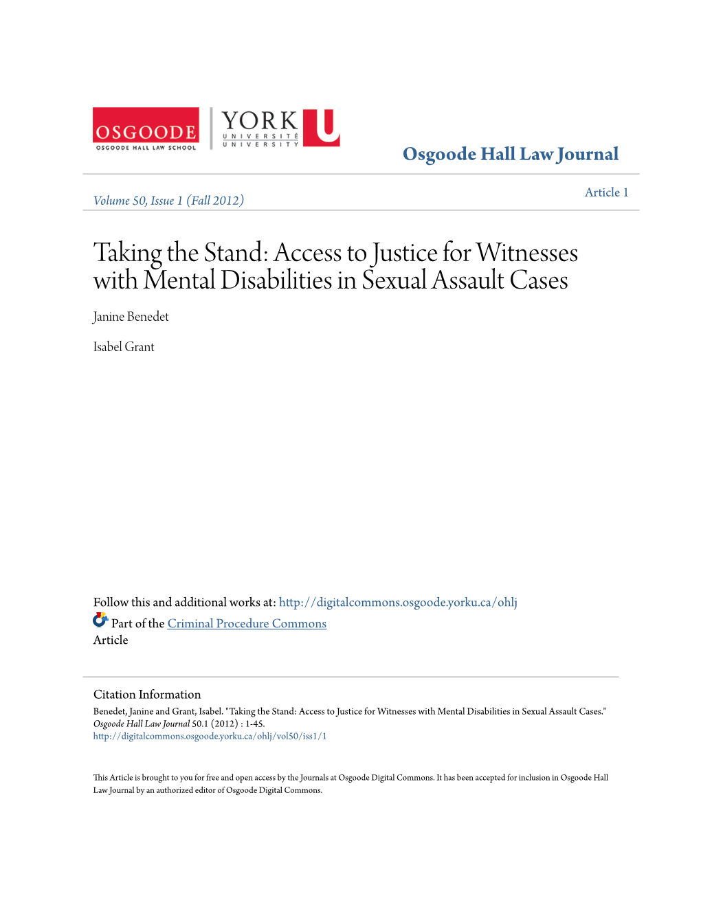 Access to Justice for Witnesses with Mental Disabilities in Sexual Assault Cases Janine Benedet