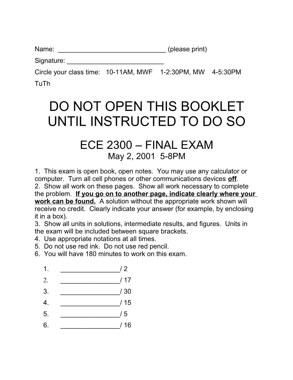 2300 Final Exam Spring 2001