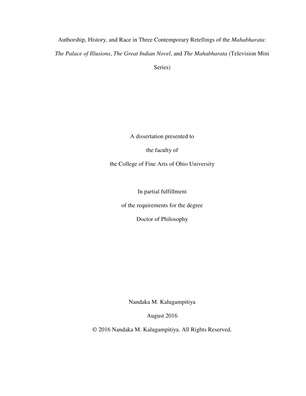 Authorship, History, and Race in Three Contemporary Retellings of the Mahabharata