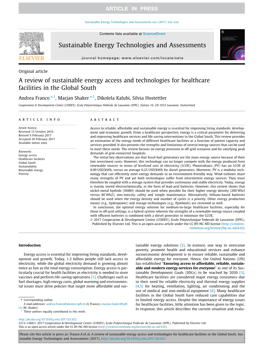 Sustainable Energy Technologies and Assessments Xxx (2017) Xxx–Xxx