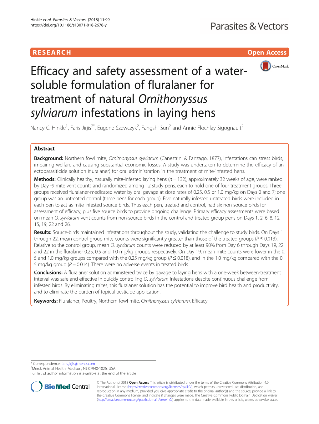 Ornithonyssus Sylviarum Infestations in Laying Hens Nancy C