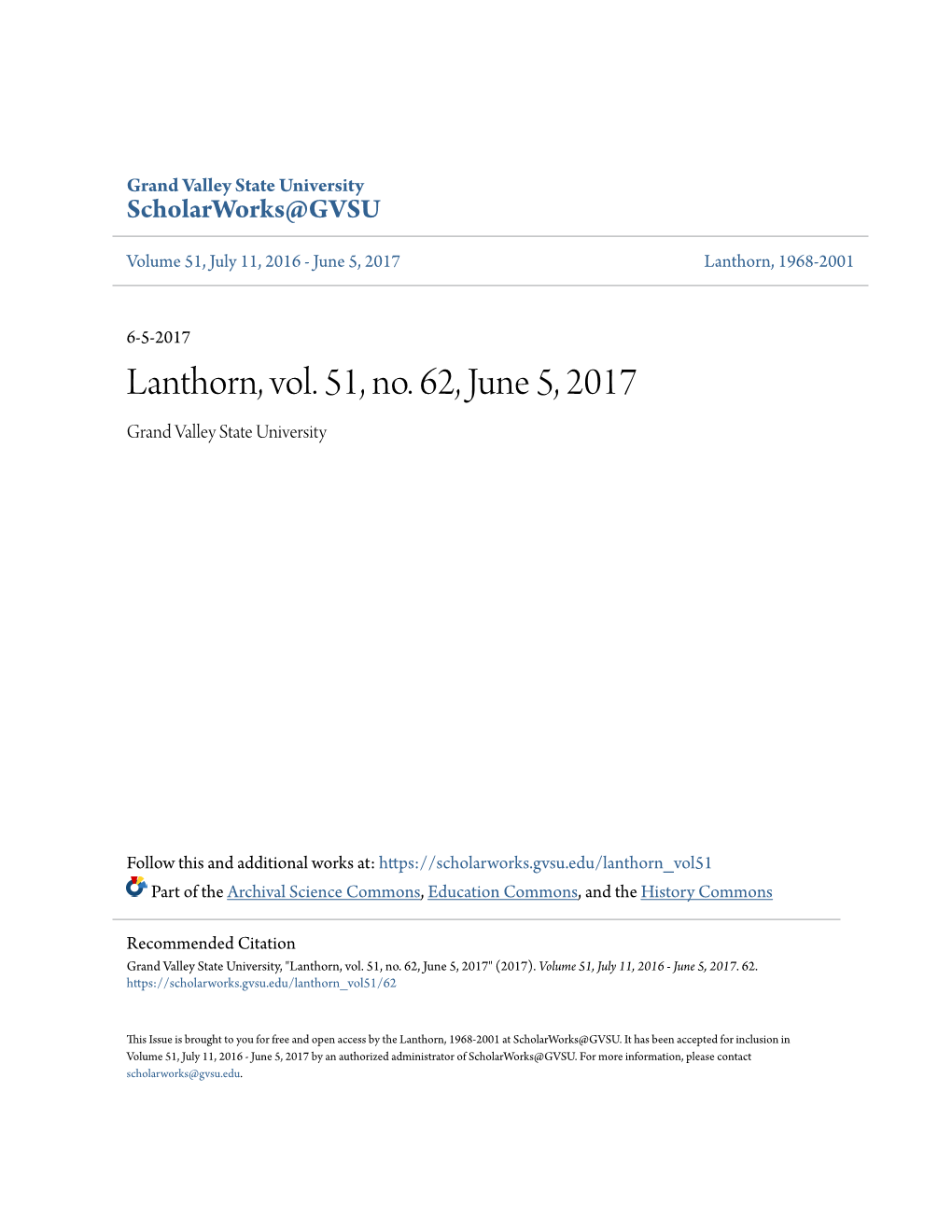 Lanthorn, Vol. 51, No. 62, June 5, 2017 Grand Valley State University