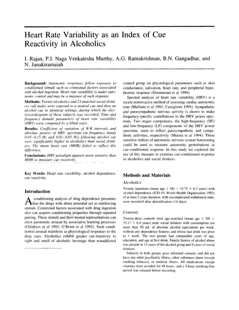 Heart Rate Variability As Reactivity in Alcoholics an Index Of