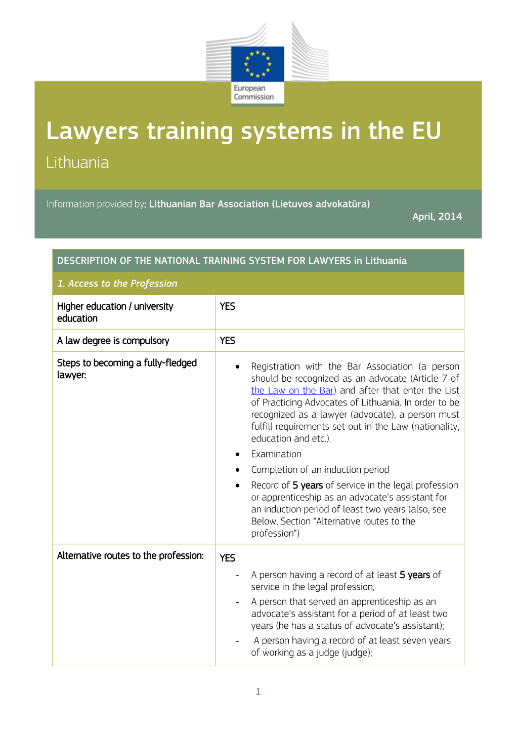 Lawyers Training Systems in the EU Lithuania