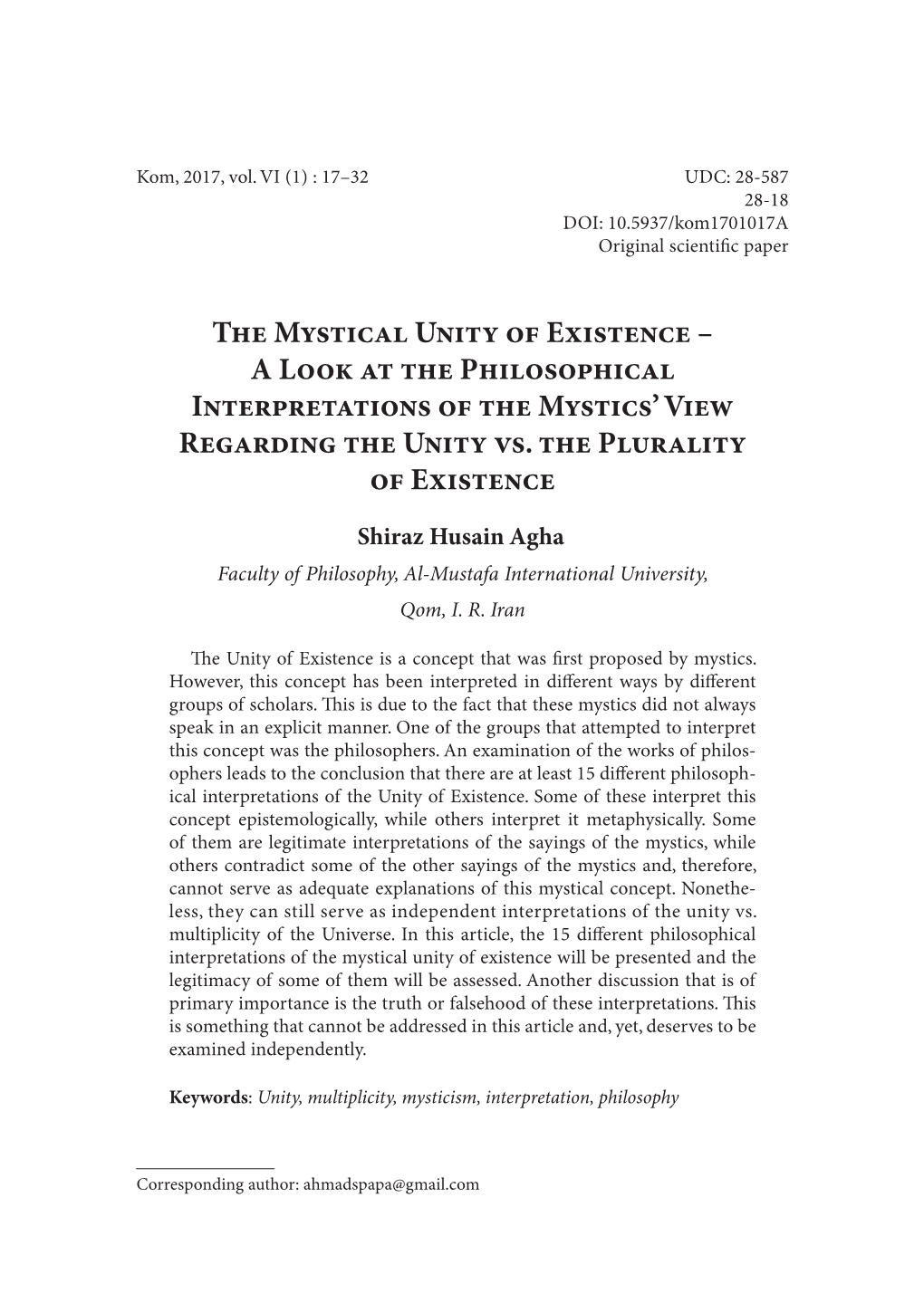 The Mystical Unity of Existence – a Look at the Philosophical Interpretations of the Mystics’ View Regarding the Unity Vs