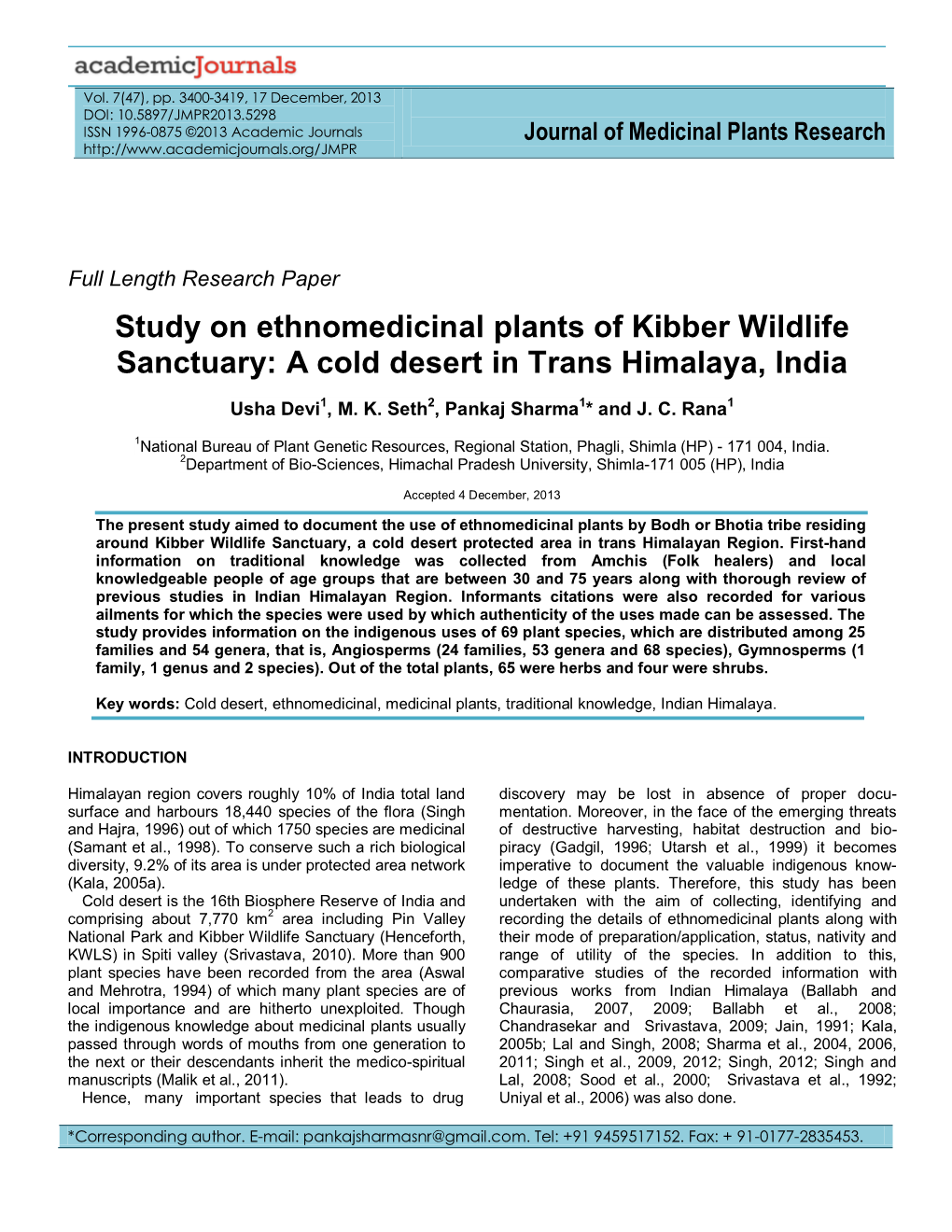 Study on Ethnomedicinal Plants of Kibber Wildlife Sanctuary: a Cold Desert in Trans Himalaya, India