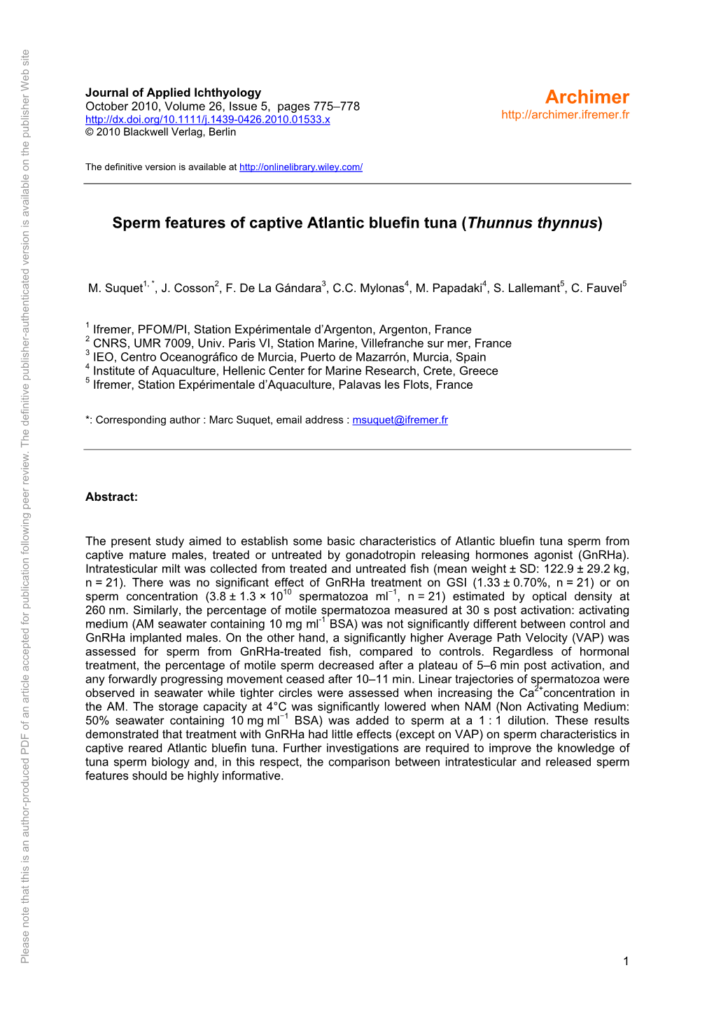 Sperm Features of Captive Atlantic Bluefin Tuna (Thunnus Thynnus)