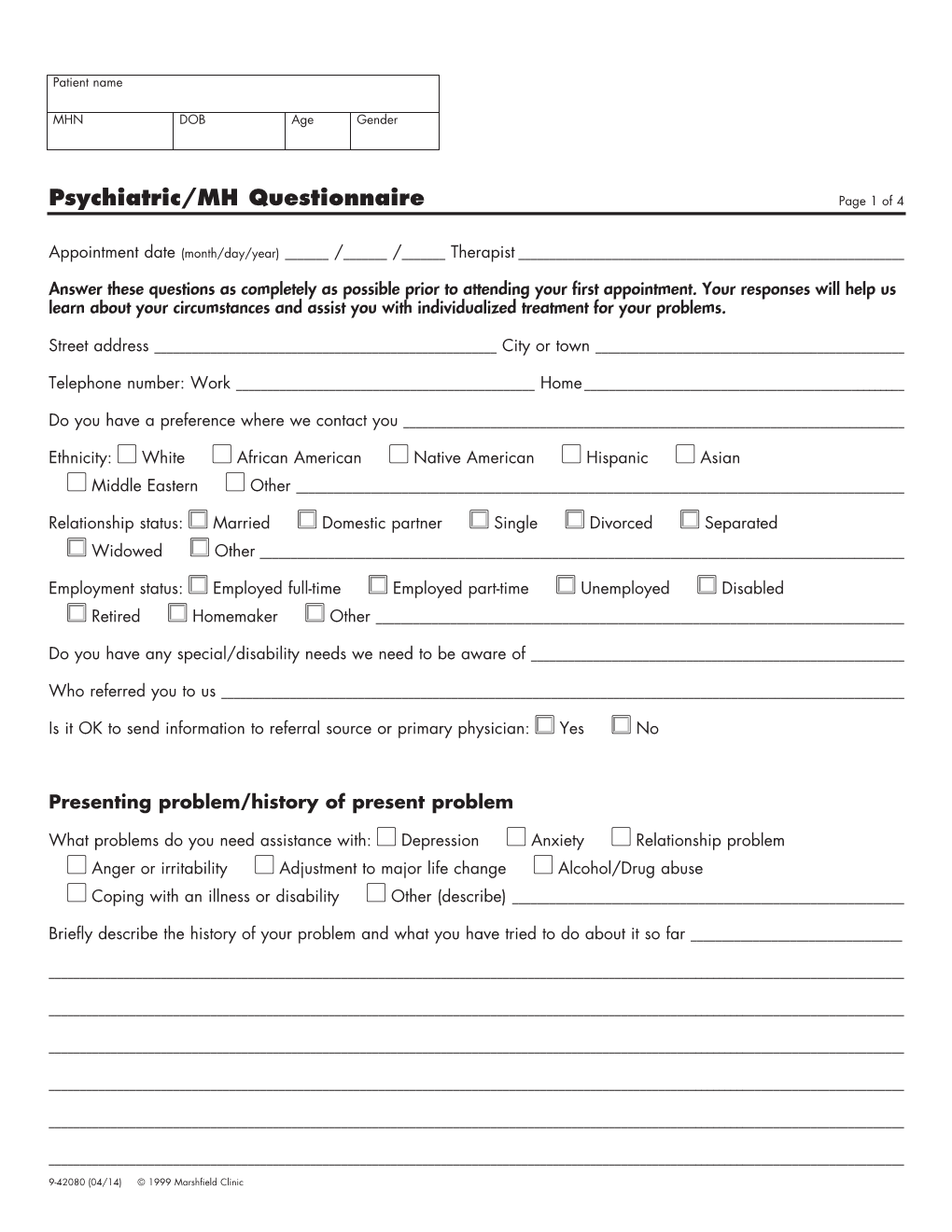 Psychiatric/MH Questionnaire Page 1 of 4