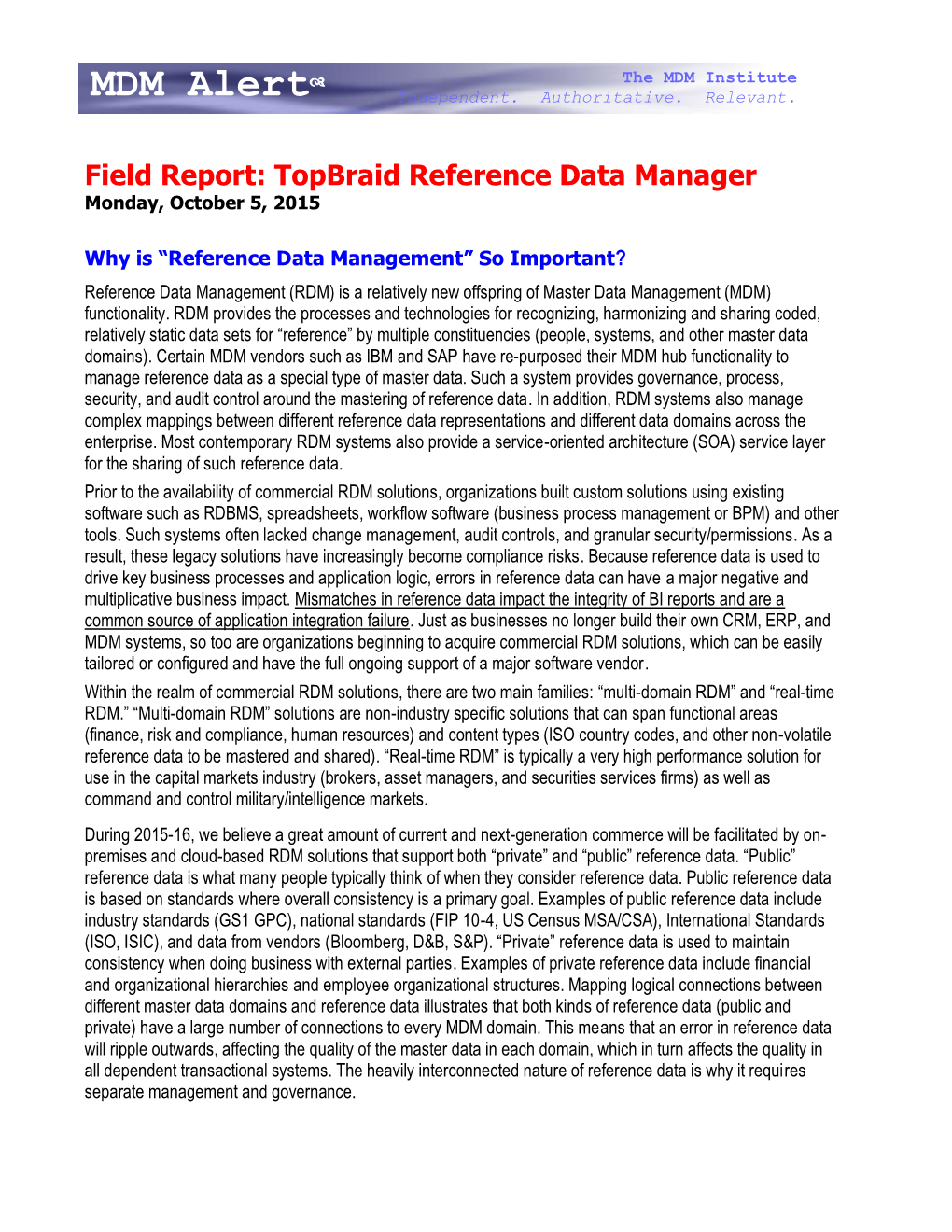 MDM Institute Field Report: Topbraid Reference Data Manager