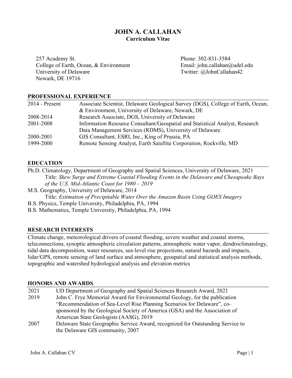 JOHN A. CALLAHAN Curriculum Vitae