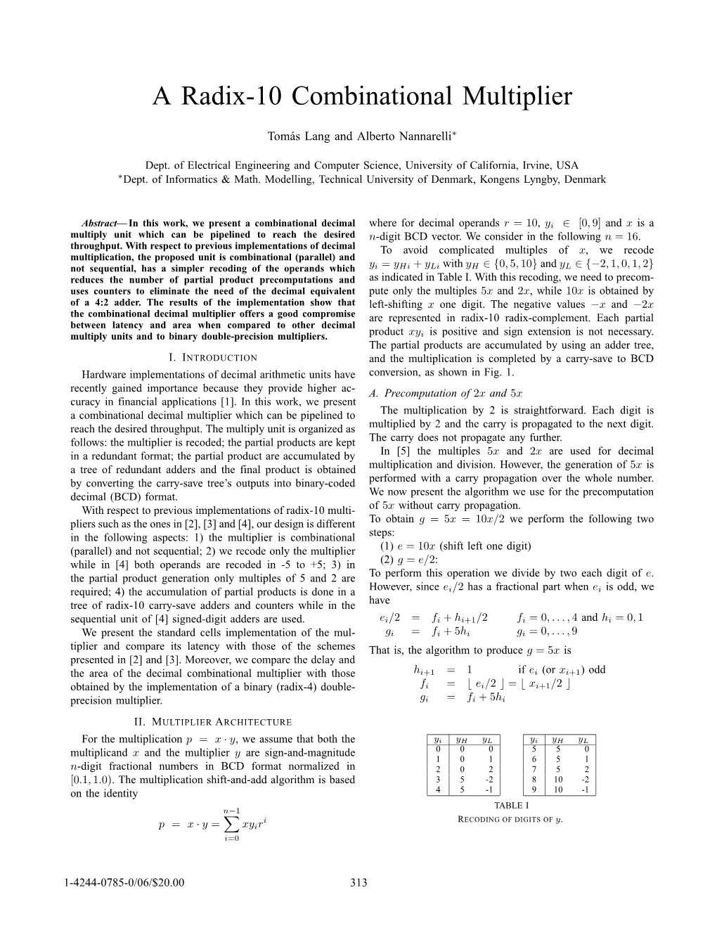 A Radix-10 Combinational Multiplier