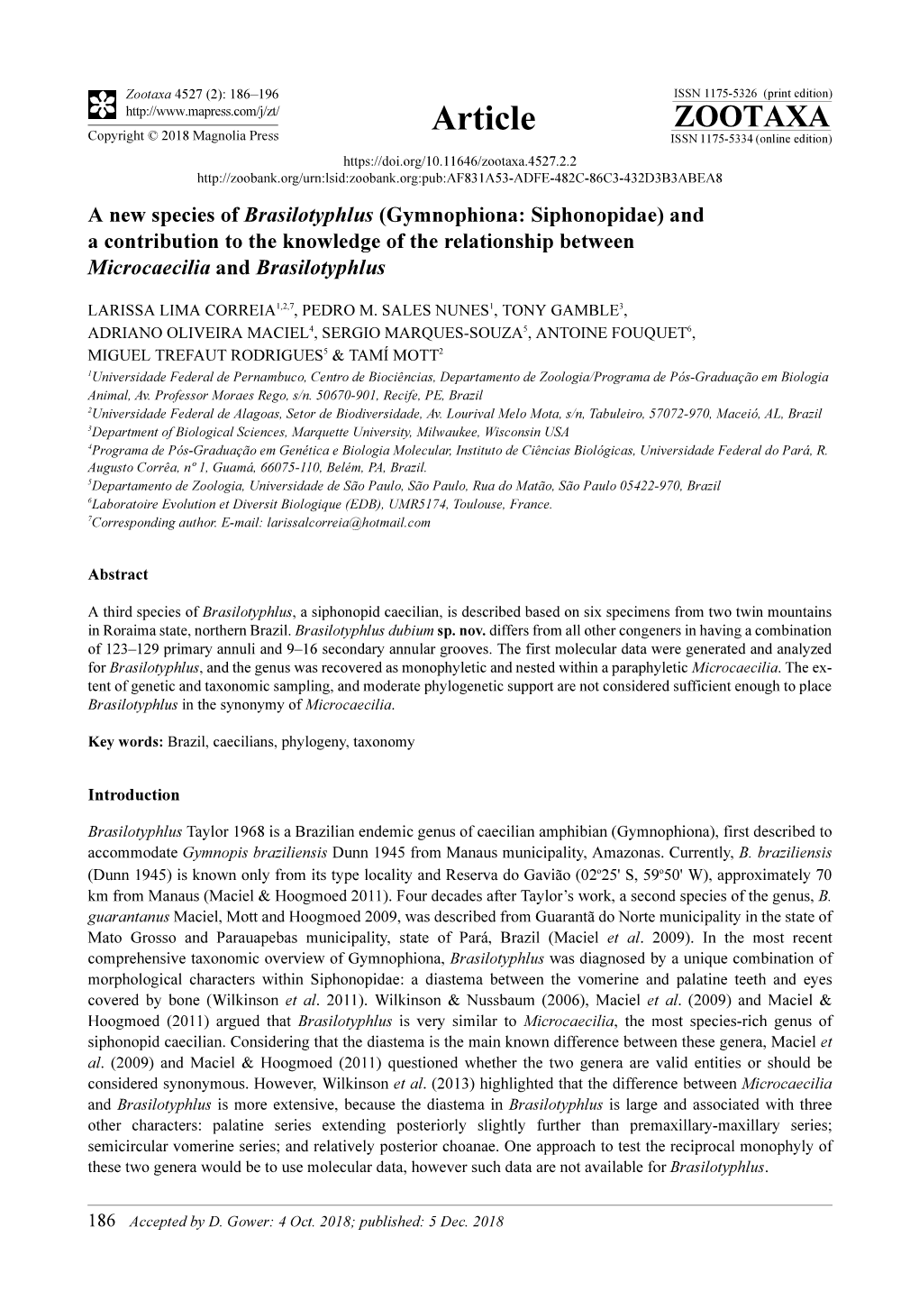 A New Species of Brasilotyphlus (Gymnophiona: Siphonopidae) and a Contribution to the Knowledge of the Relationship Between Microcaecilia and Brasilotyphlus