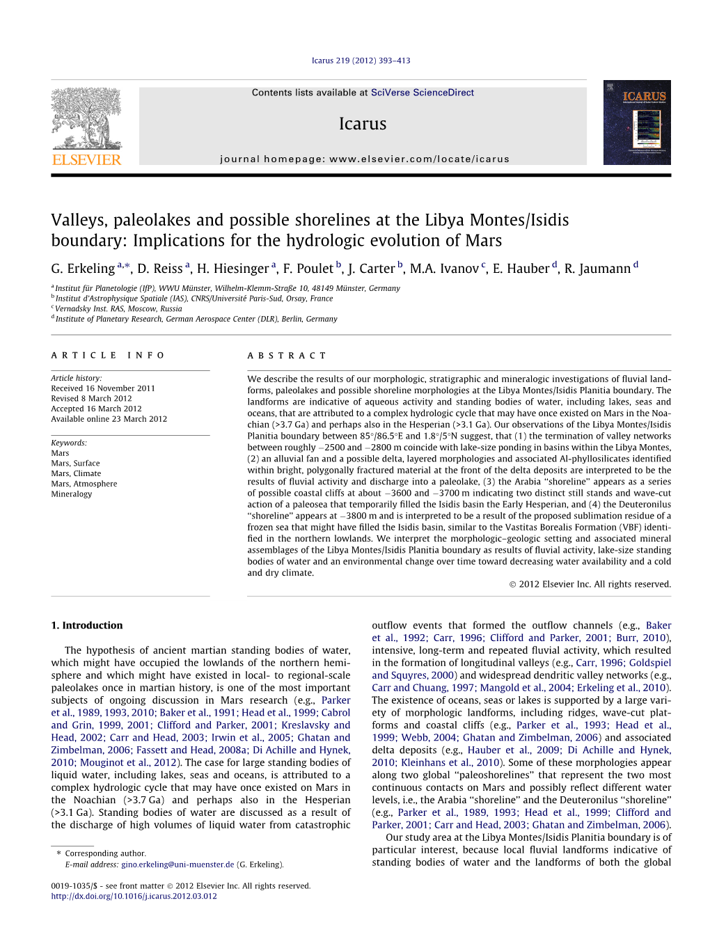 Valleys, Paleolakes and Possible Shorelines at the Libya Montes/Isidis Boundary: Implications for the Hydrologic Evolution of Mars ⇑ G