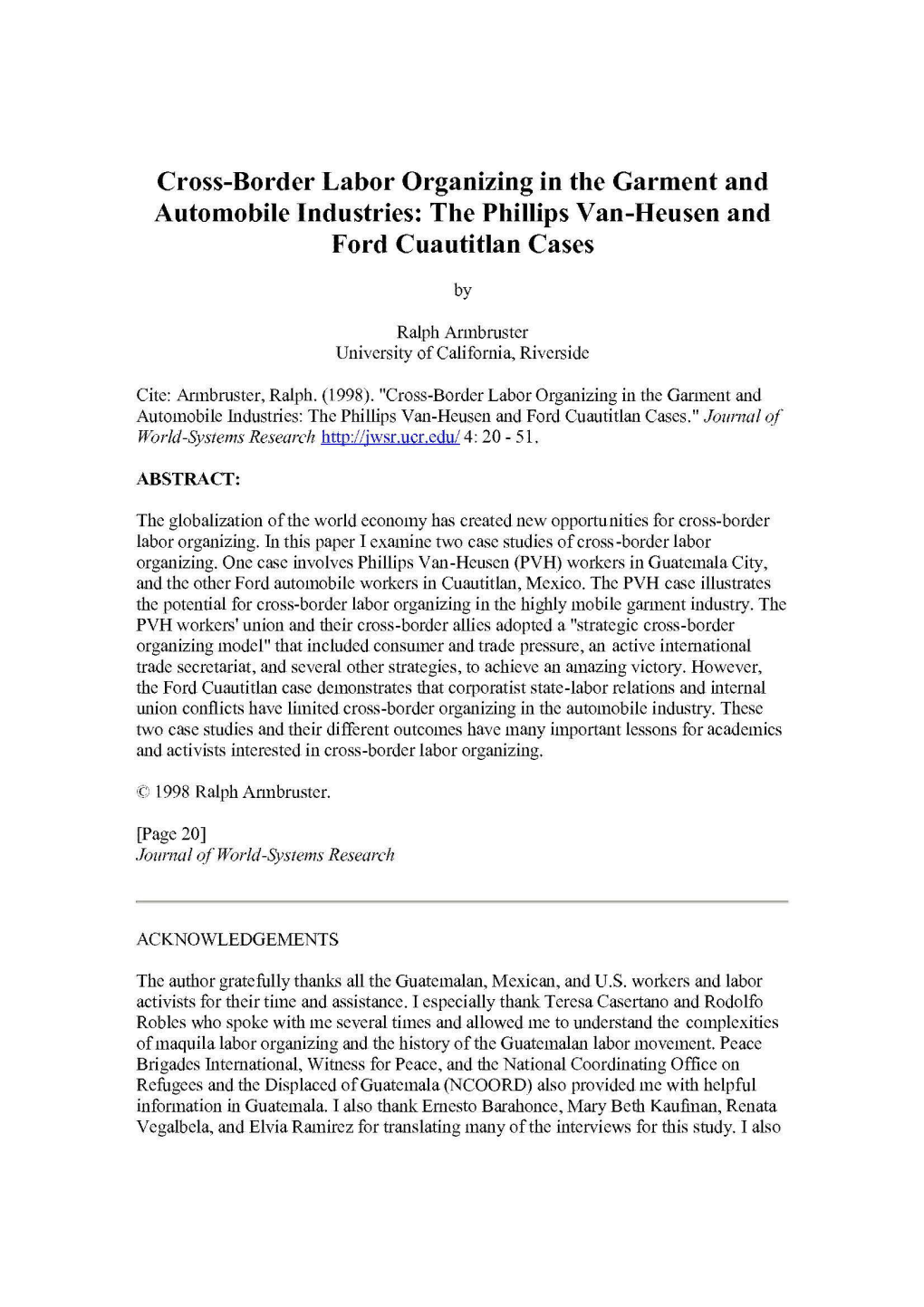 Cross-Border Labor Organizing in the Garment and Automobile Industries: the Phillips Van-Heusen and Ford Cuautitlan Cases