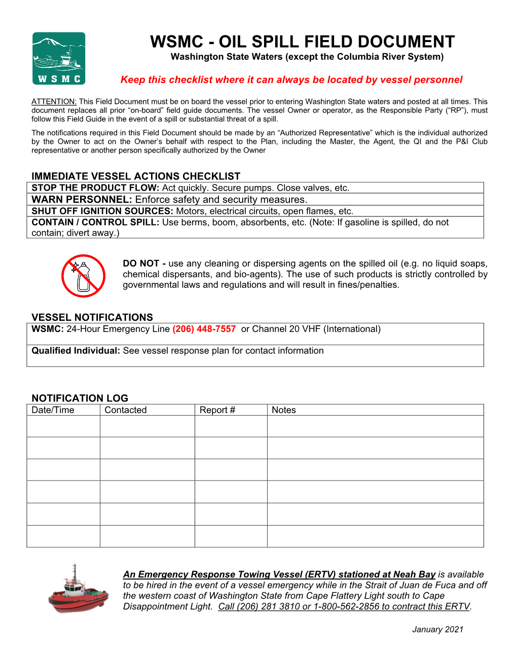 WSMC - OIL SPILL FIELD DOCUMENT Washington State Waters (Except the Columbia River System)