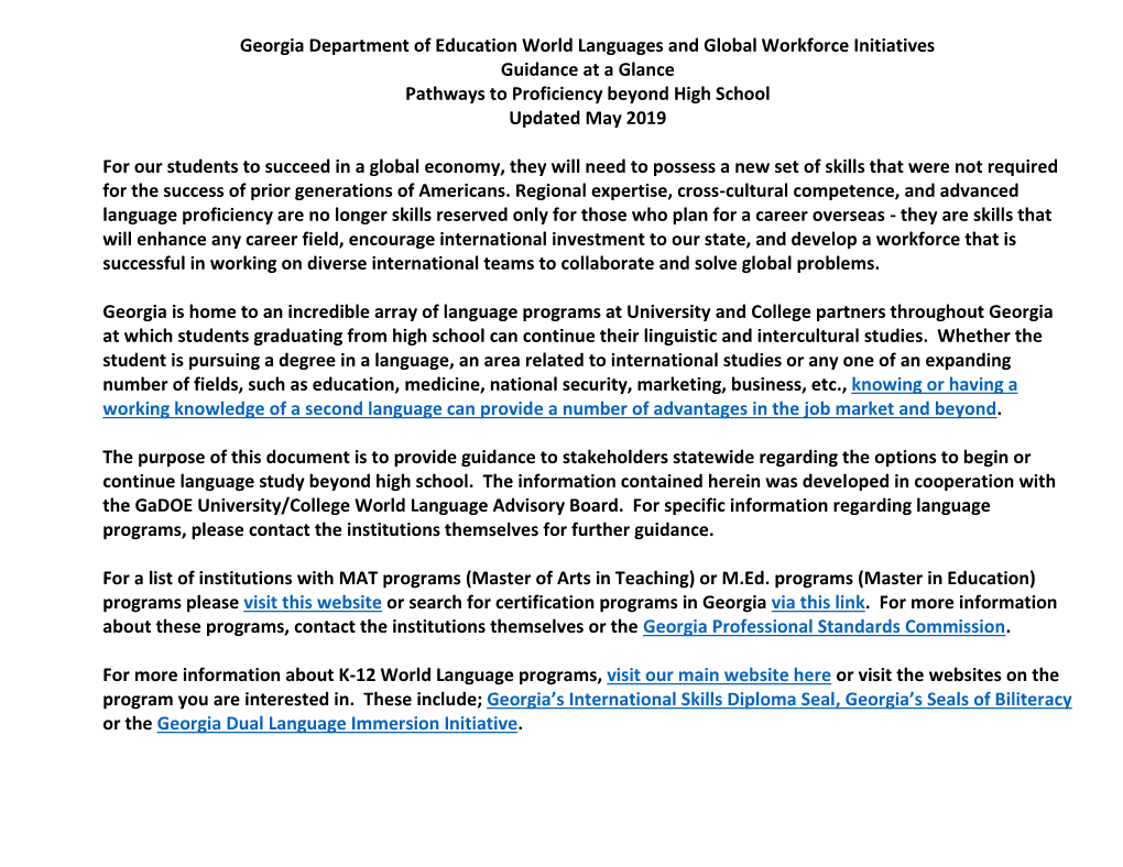 Georgia Department of Education World Languages and Global Workforce Initiatives Guidance at a Glance Pathways to Proficiency Beyond High School Updated May 2019