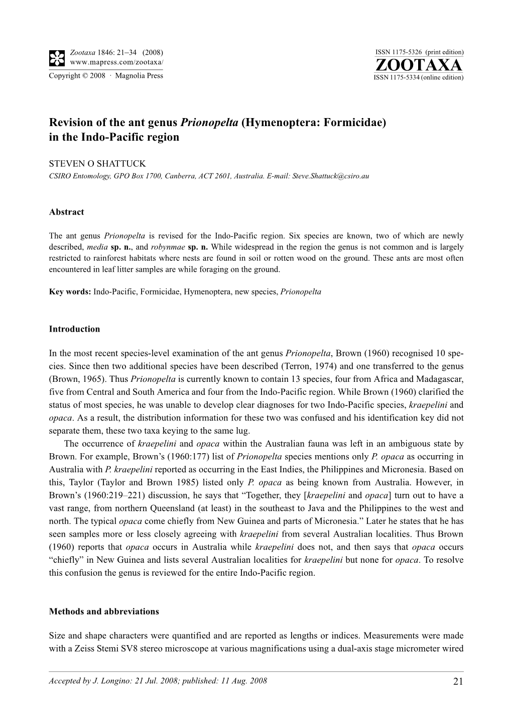 Zootaxa, Revision of the Ant Genus Prionopelta (Hymenoptera: Formicidae)