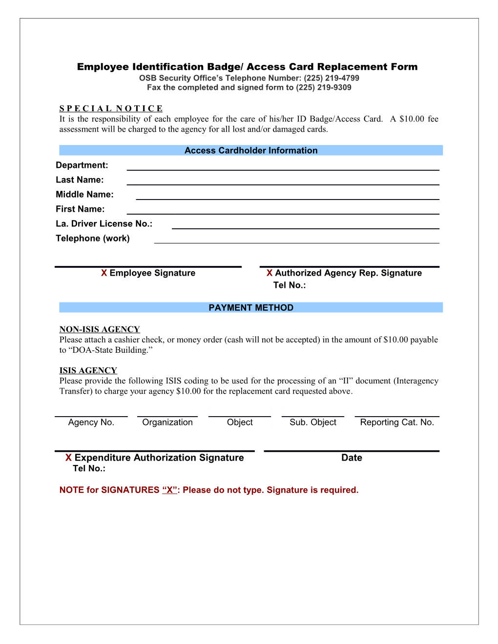 Employee Identification Badge/ Access Card Replacement Form