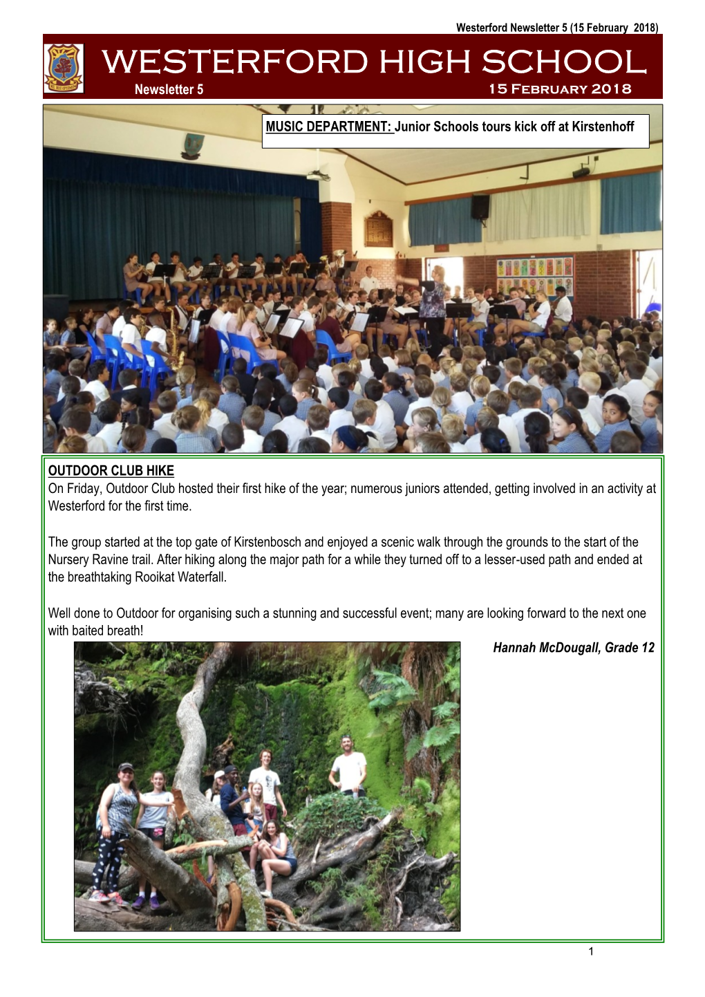 WESTERFORD HIGH SCHOOL Newsletter 5 15 February 2018