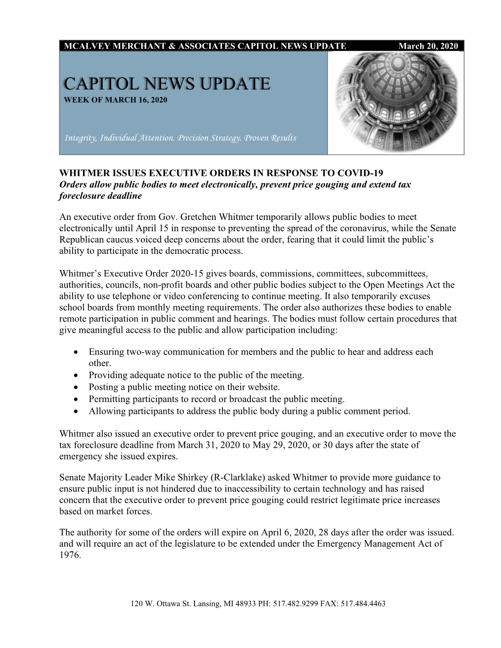 CAPITOL NEWS UPDATE March 20, 2020