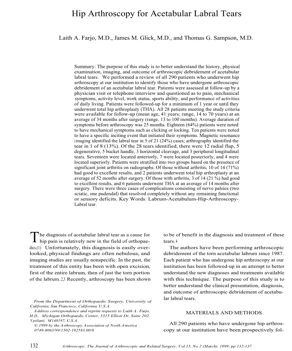 Hip Arthroscopy for Acetabular Labral Tears