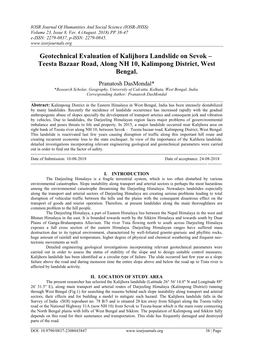 Geotechnical Evaluation of Kalijhora Landslide on Sevok – Teesta Bazaar Road, Along NH 10, Kalimpong District, West Bengal