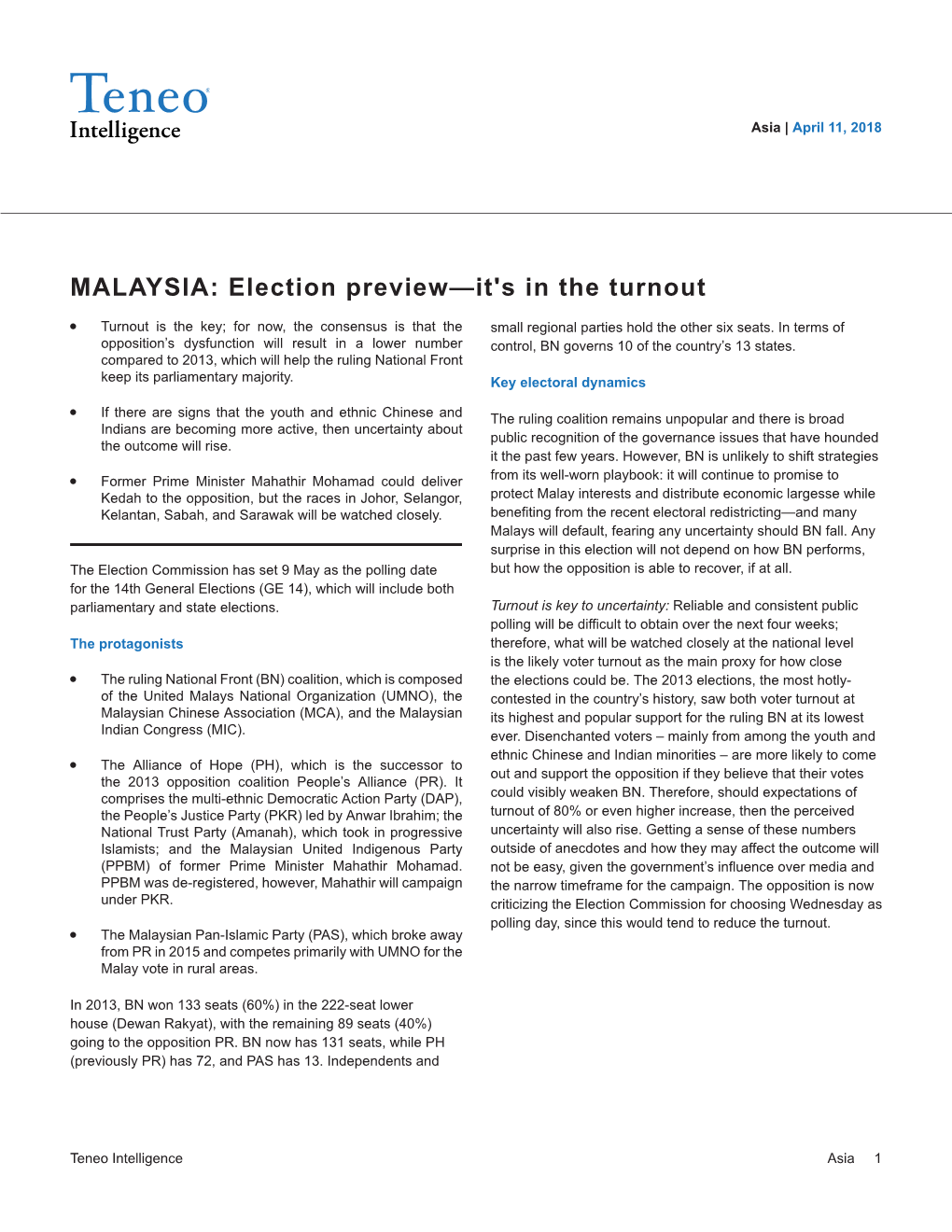 MALAYSIA: Election Preview—It's in the Turnout