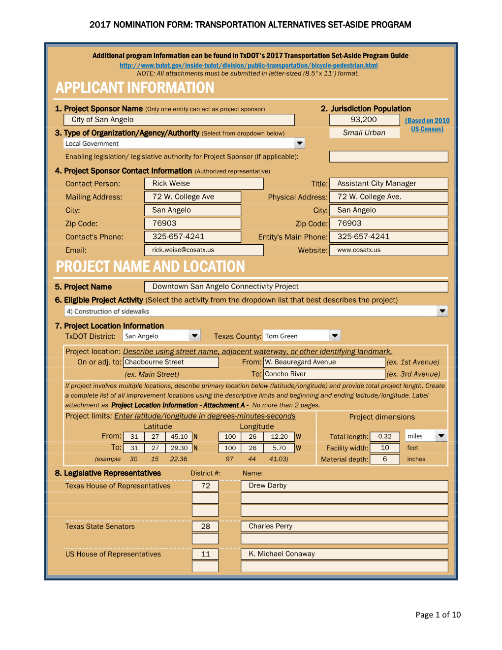 Applicant Information Project Name and Location