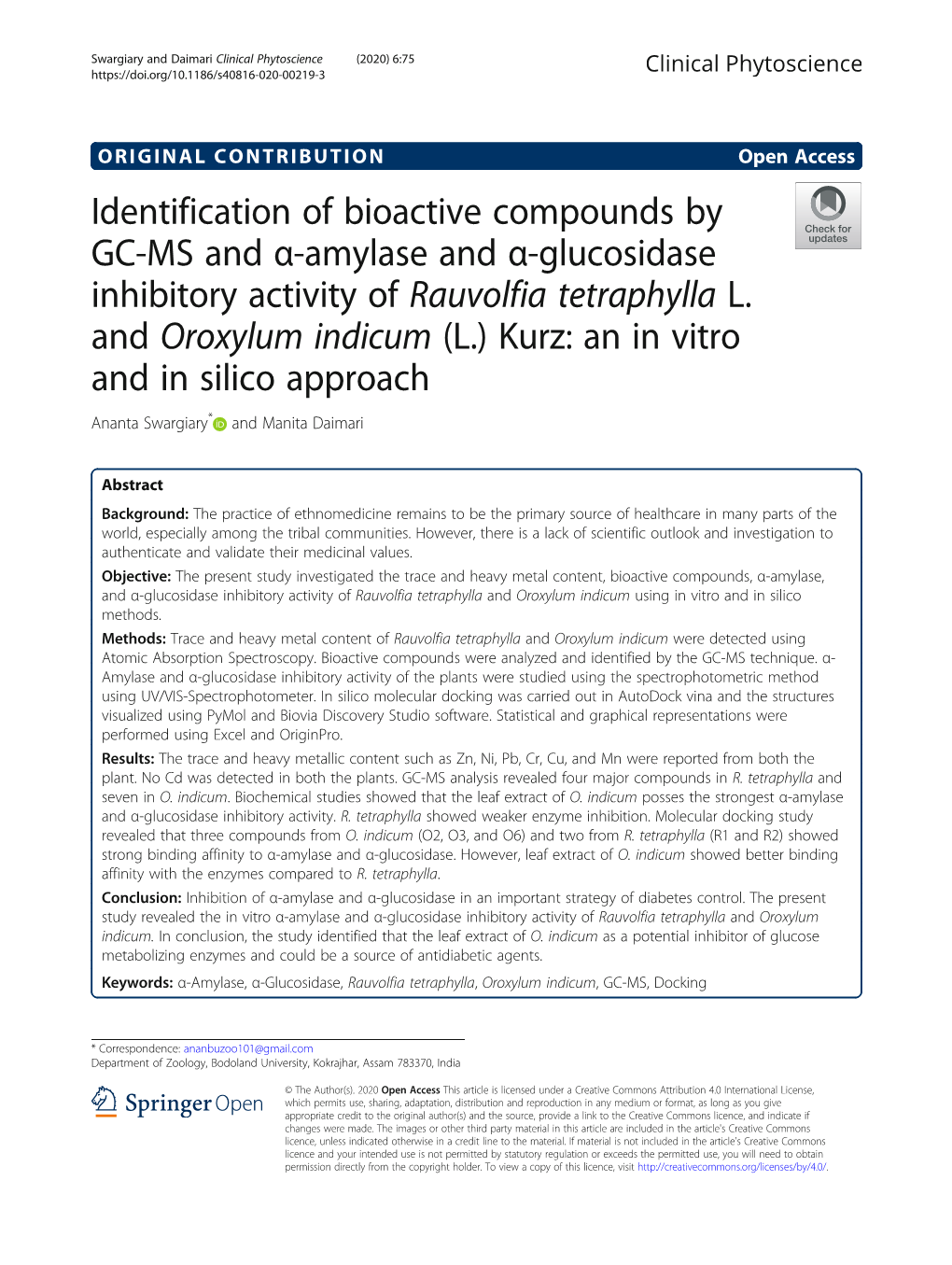 Identification of Bioactive Compounds by GC-MS and Α-Amylase and Α-Glucosidase Inhibitory Activity of Rauvolfia Tetraphylla L